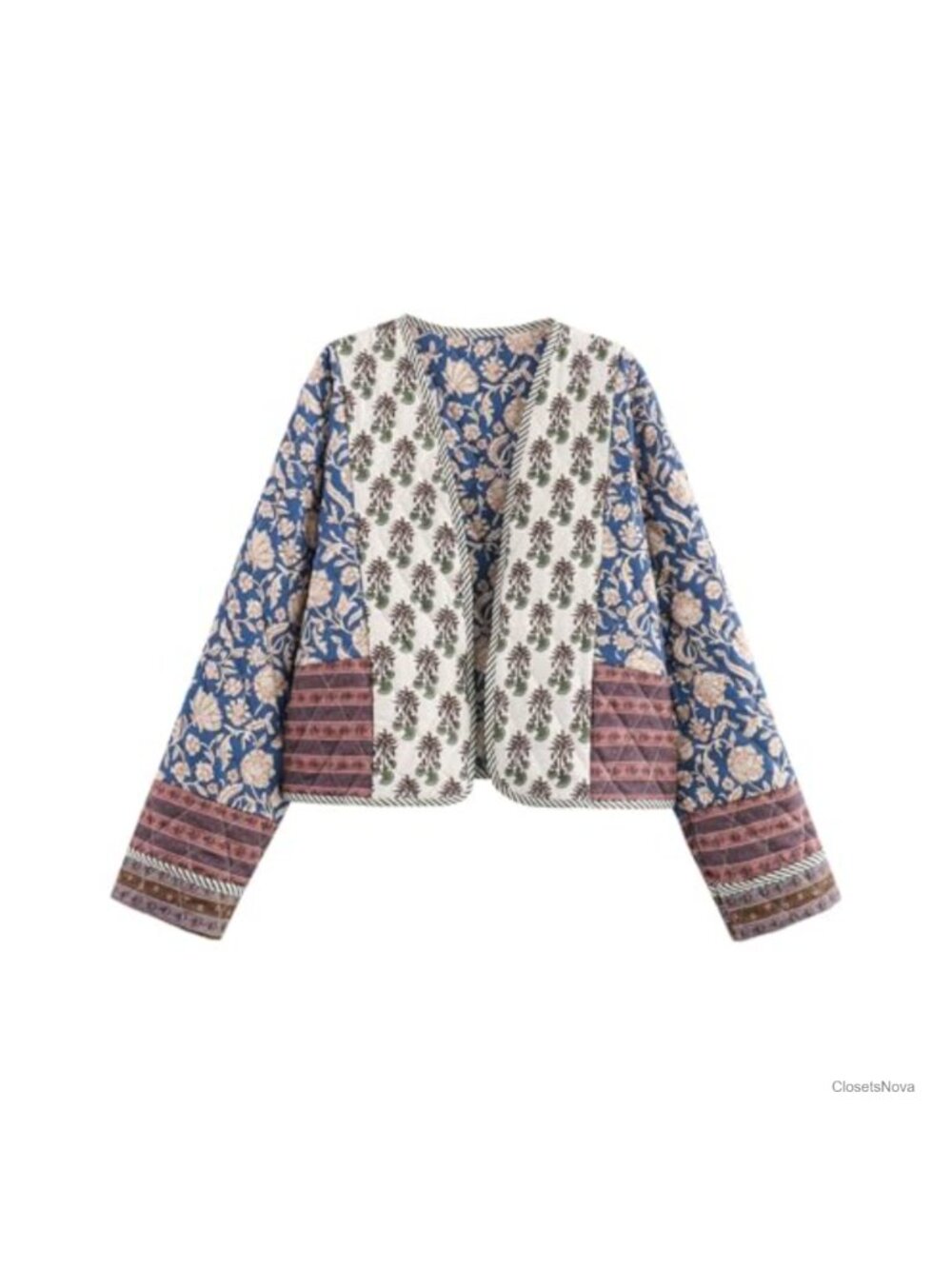 Women's Floral Quilted Cropped Puffer Jacket Lightweight Open Front Coat
